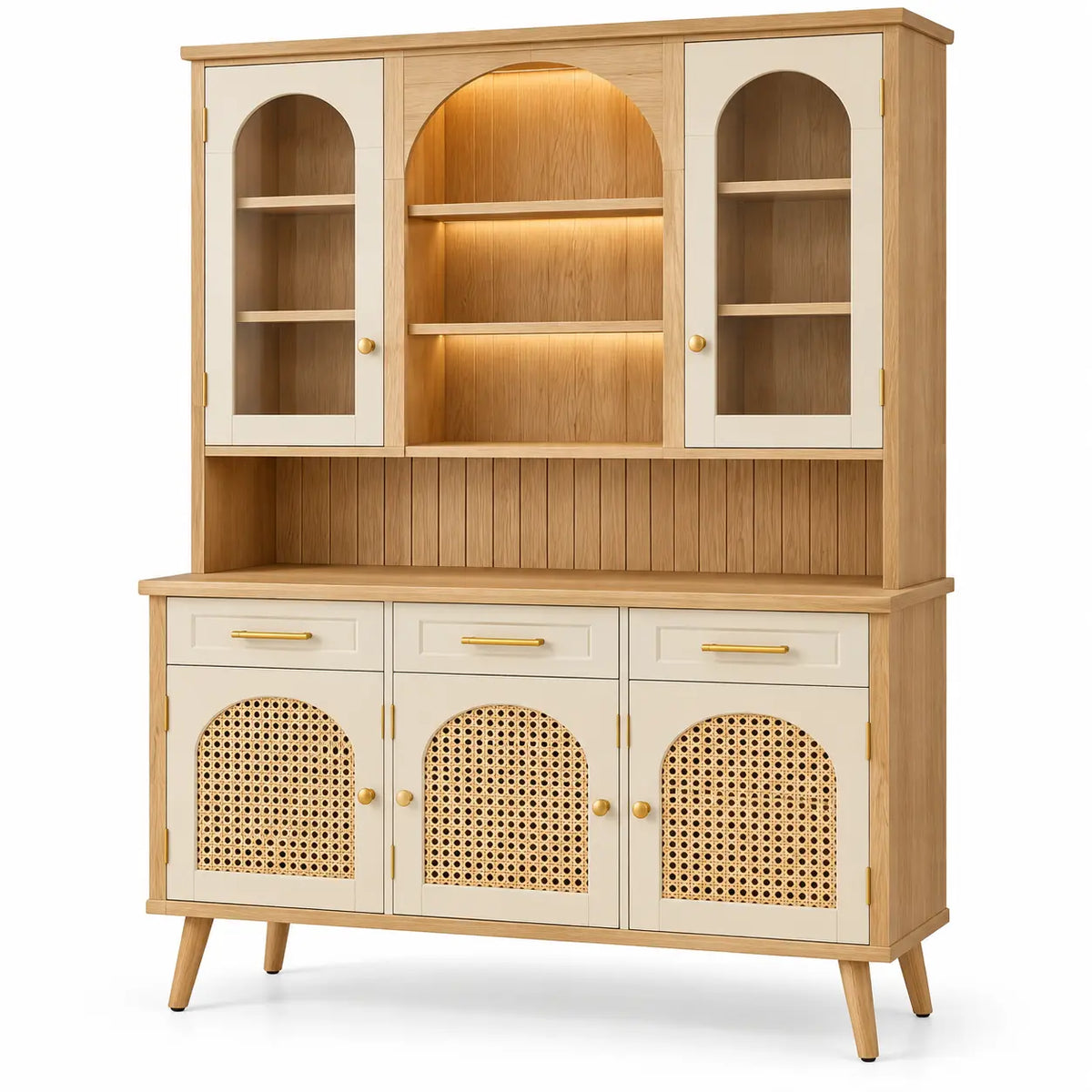 Vaisselier beige et crème à vitrines latérales et portes basses ajourées