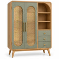 Armoire beige et verte à deux portes tressées, niches et trois tiroirs