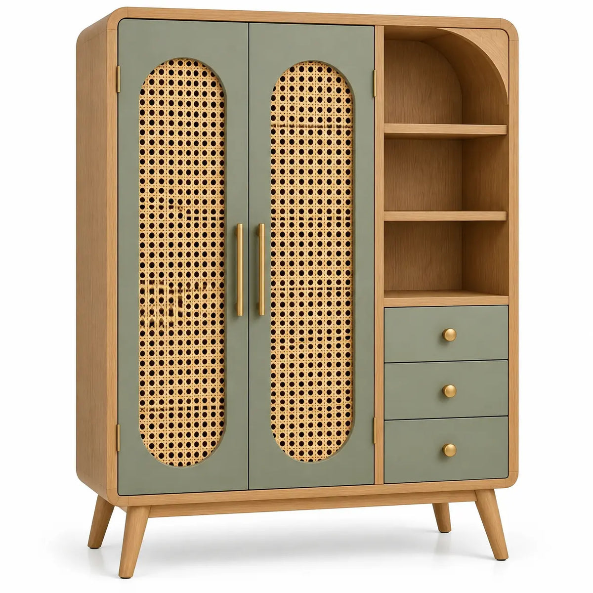 Armoire beige et verte à deux portes tressées, niches et trois tiroirs