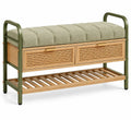 Banc vert et beige avec coussin rainuré, deux tiroirs et tablette basse