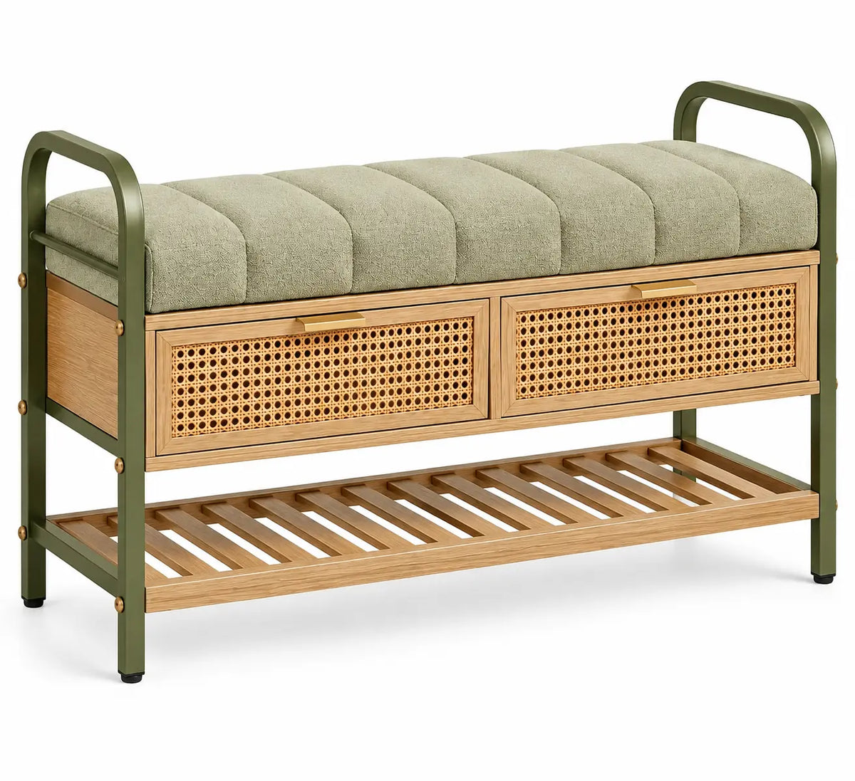 Banc vert et beige avec coussin rainuré, deux tiroirs et tablette basse