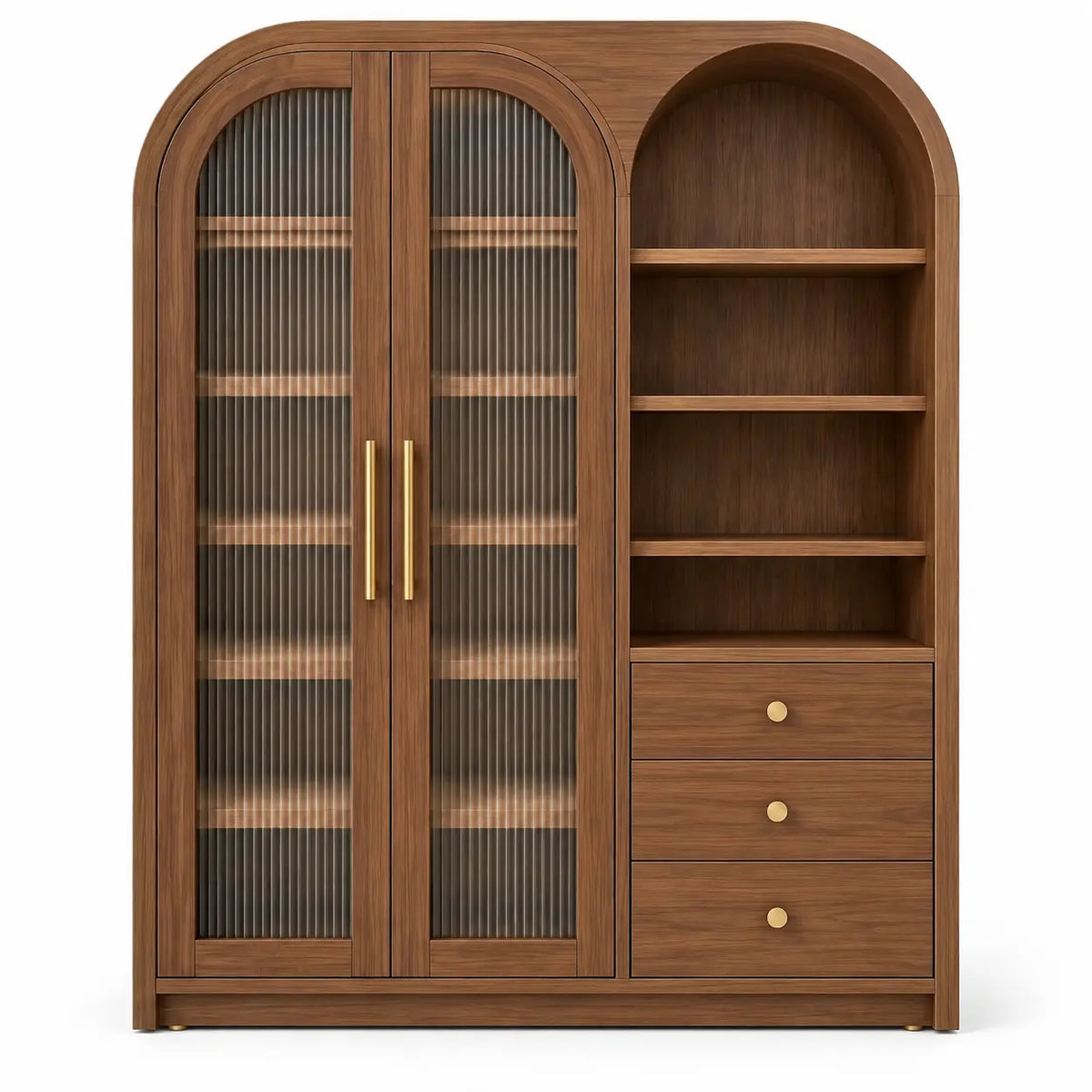 Grande vitrine marron à portes cintrées, étagères et trois tiroirs