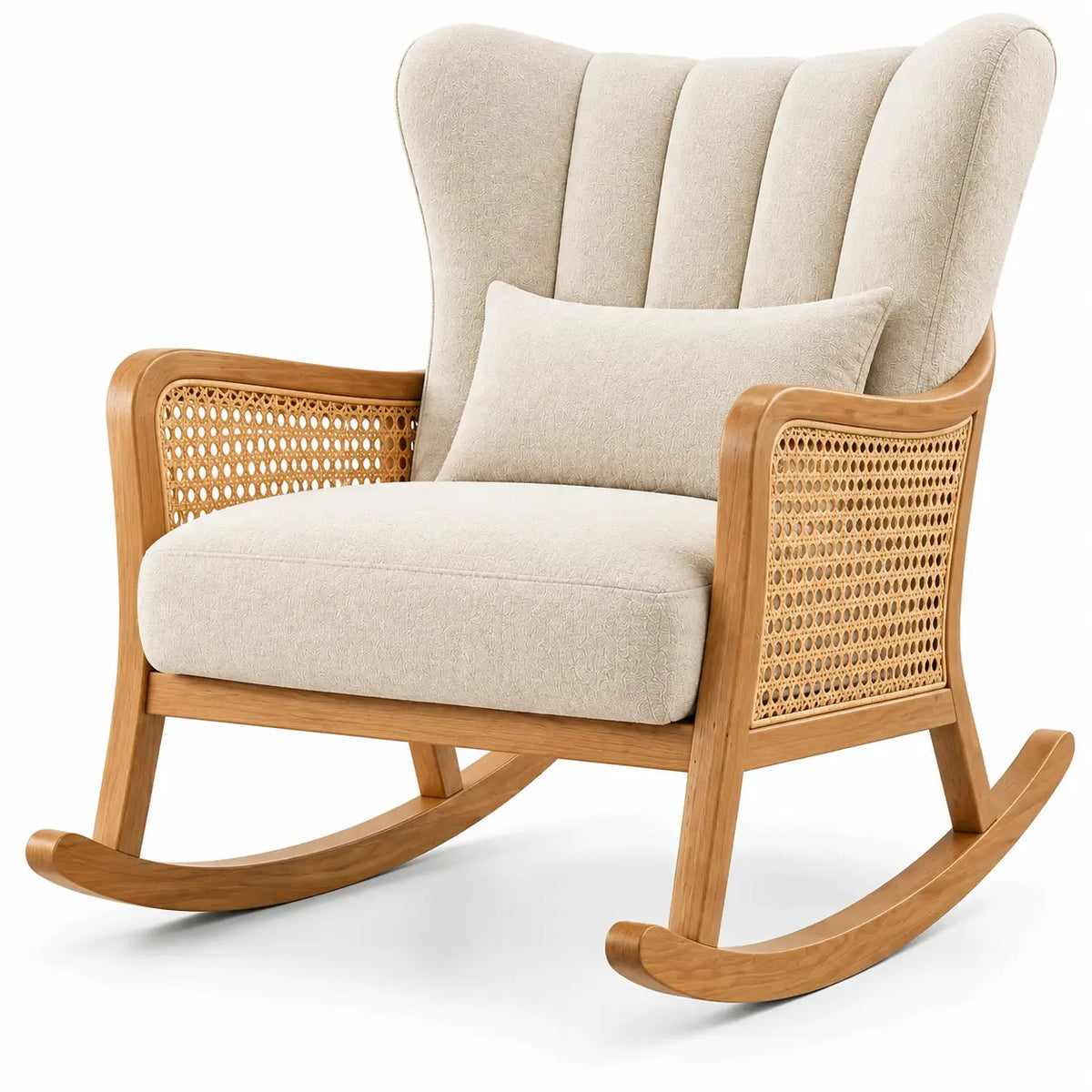 Fauteuil à bascule beige à haut dossier rainuré et côtés tressés