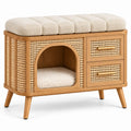 Banc beige rembourré avec niche arquée et deux tiroirs tressés