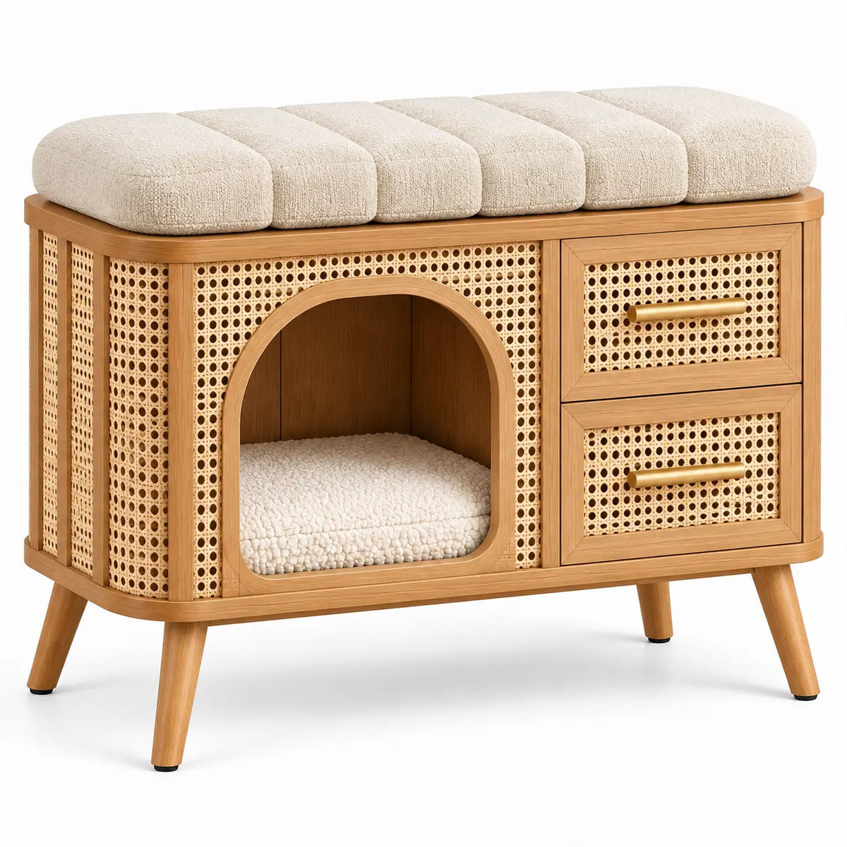 Banc beige rembourré avec niche arquée et deux tiroirs tressés