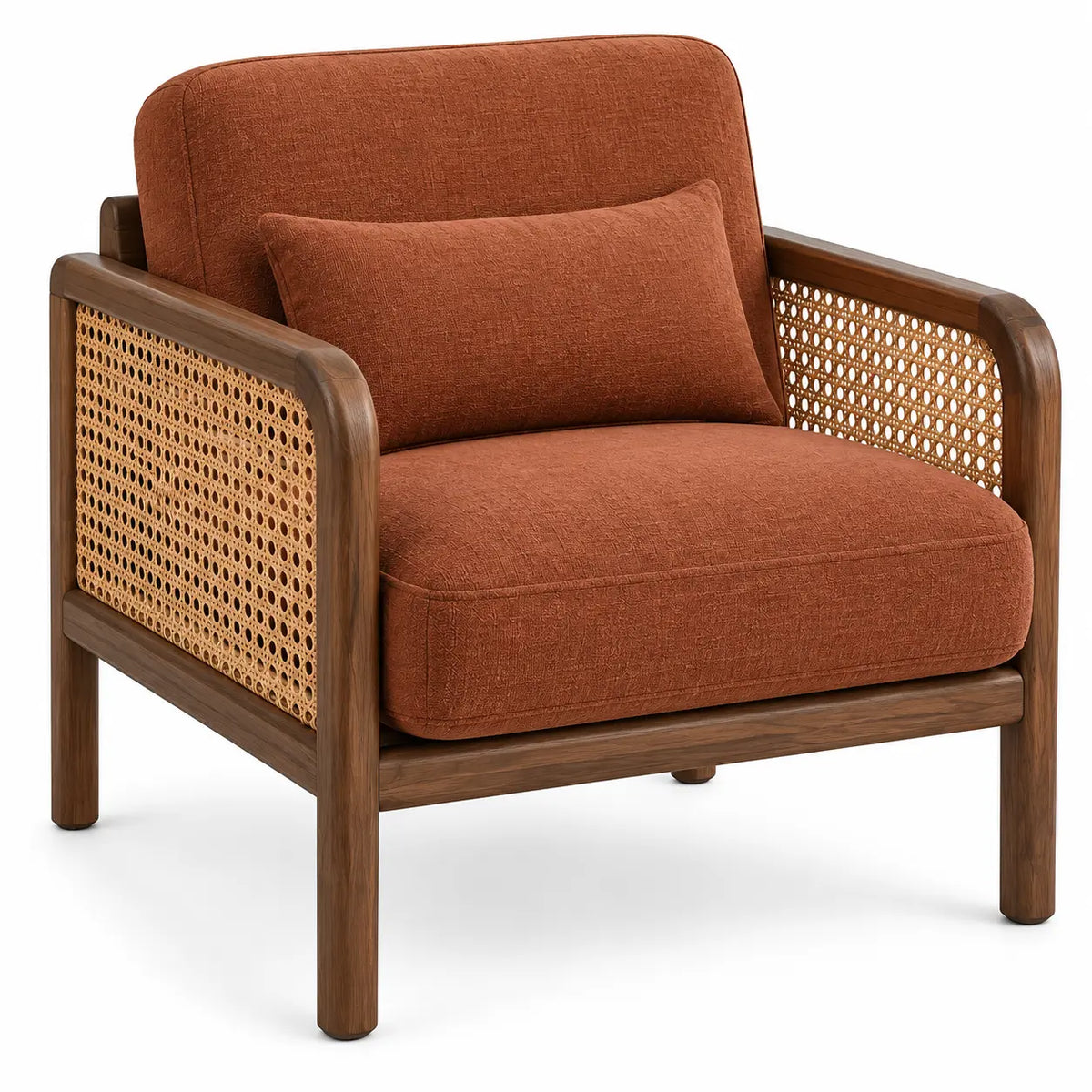 Fauteuil terre cuite à structure marron et accoudoirs tressés