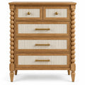 Commode beige à cinq tiroirs crème striés et montants sculptés