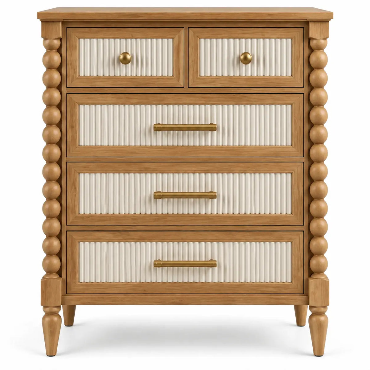 Commode beige à cinq tiroirs crème striés et montants sculptés