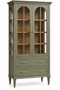 Vitrine verte à portes vitrées cintrées et deux tiroirs