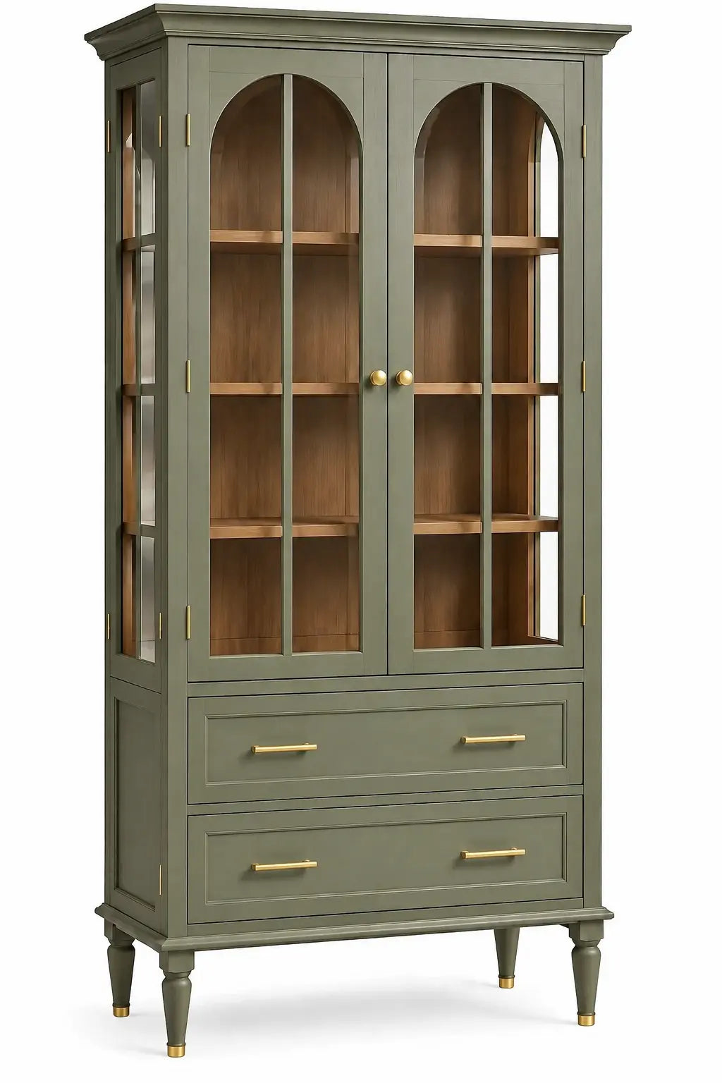 Vitrine verte à portes vitrées cintrées et deux tiroirs