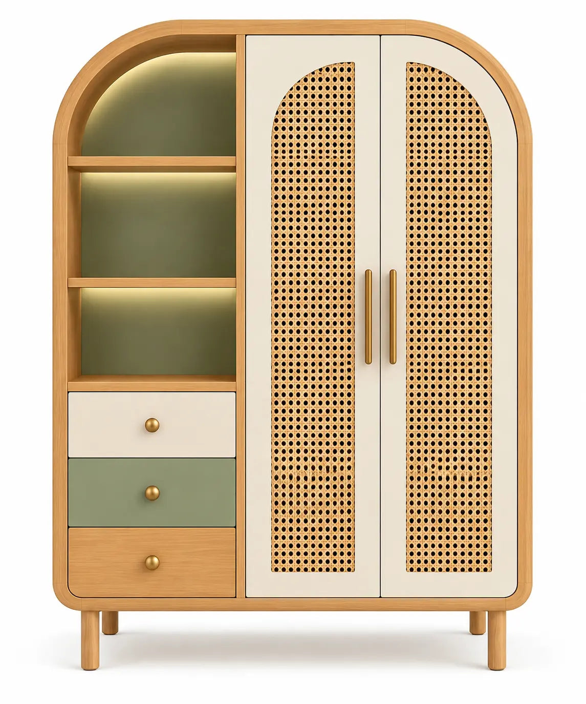 Armoire beige et crème arrondie à portes tressées, niches et tiroirs