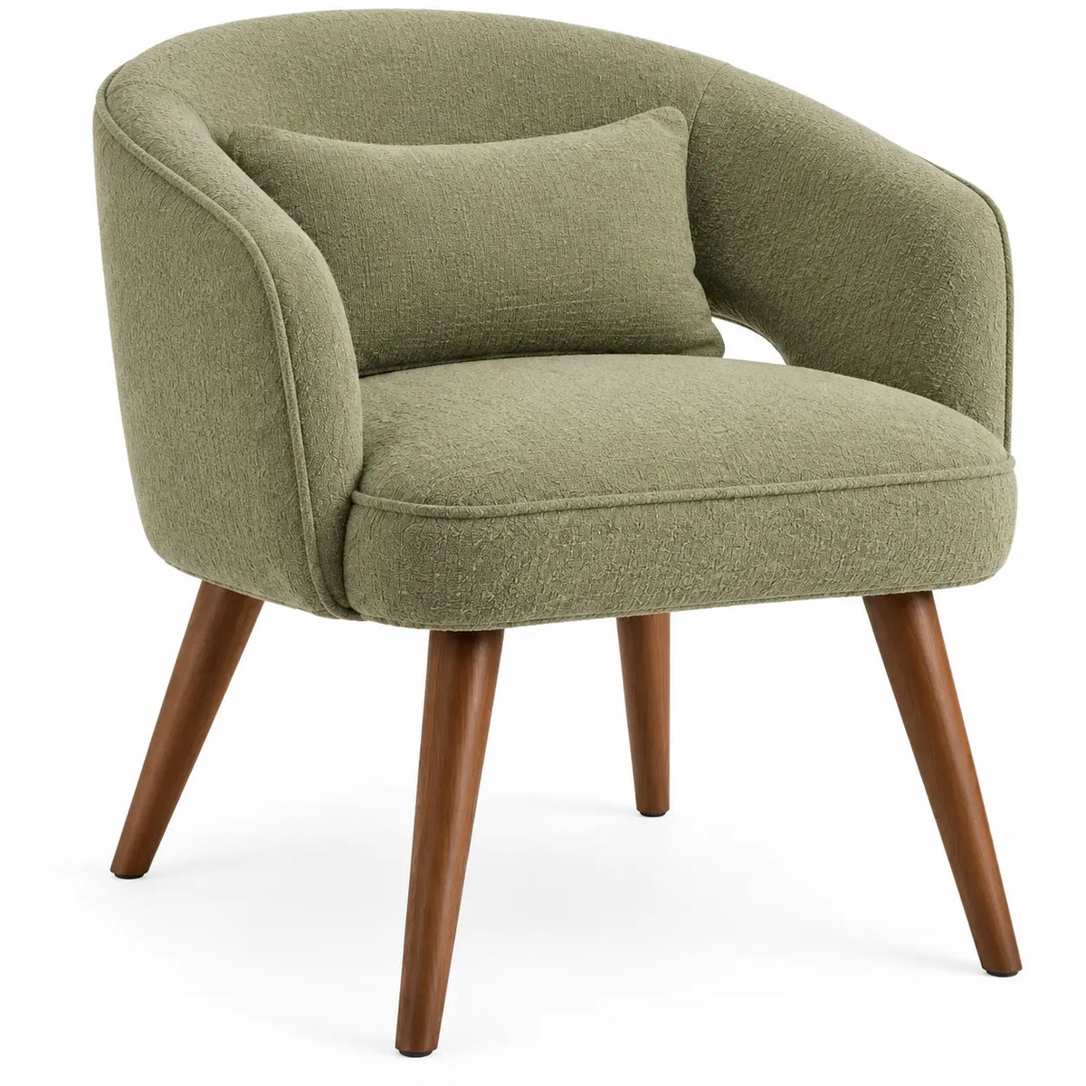 Chaise verte à dossier enveloppant et pieds marron