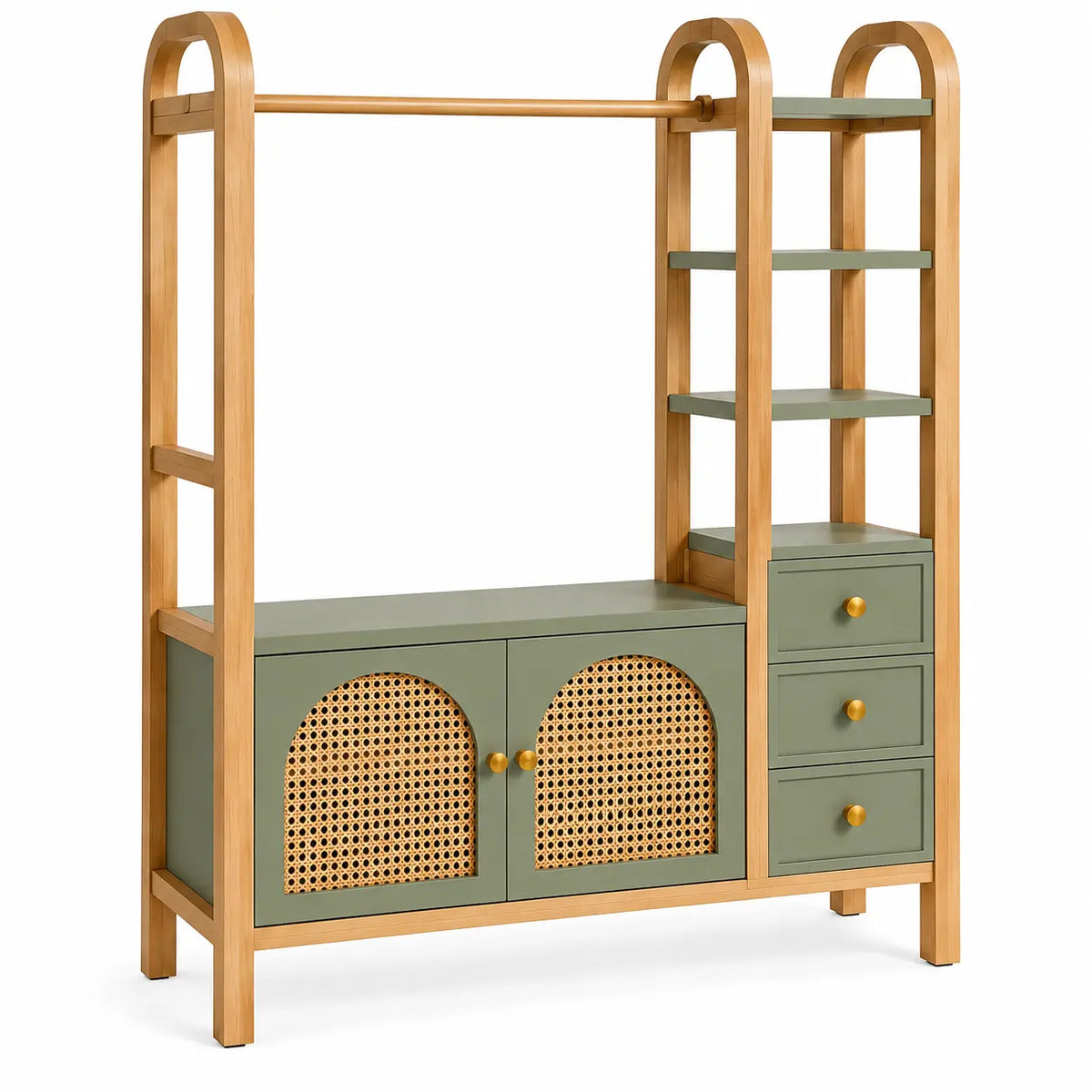 Portant beige et vert avec penderie, étagères, placard et trois tiroirs