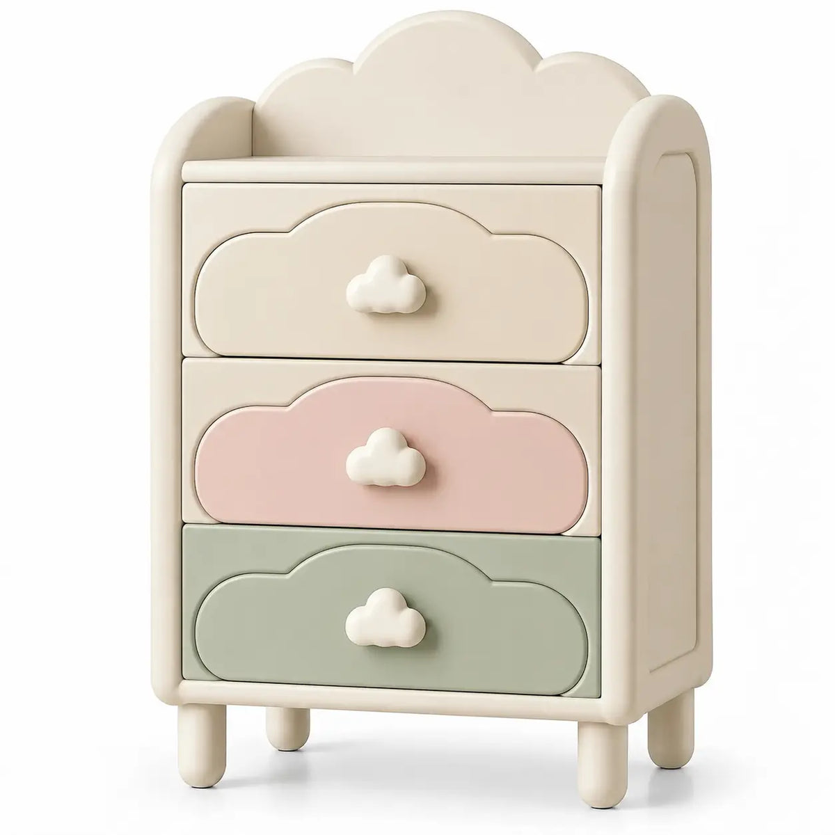 Commode enfant crème, rose et verte à trois tiroirs nuage