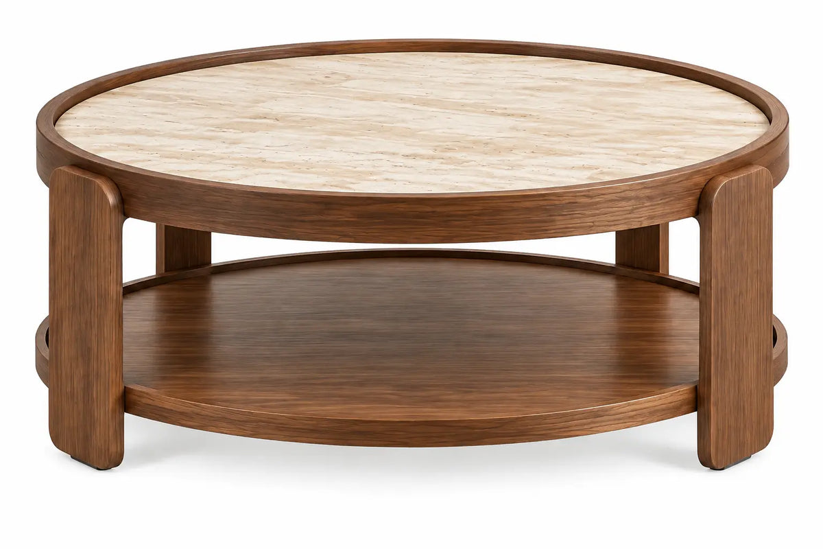 Table basse ronde marron à plateau beige veiné et tablette inférieure