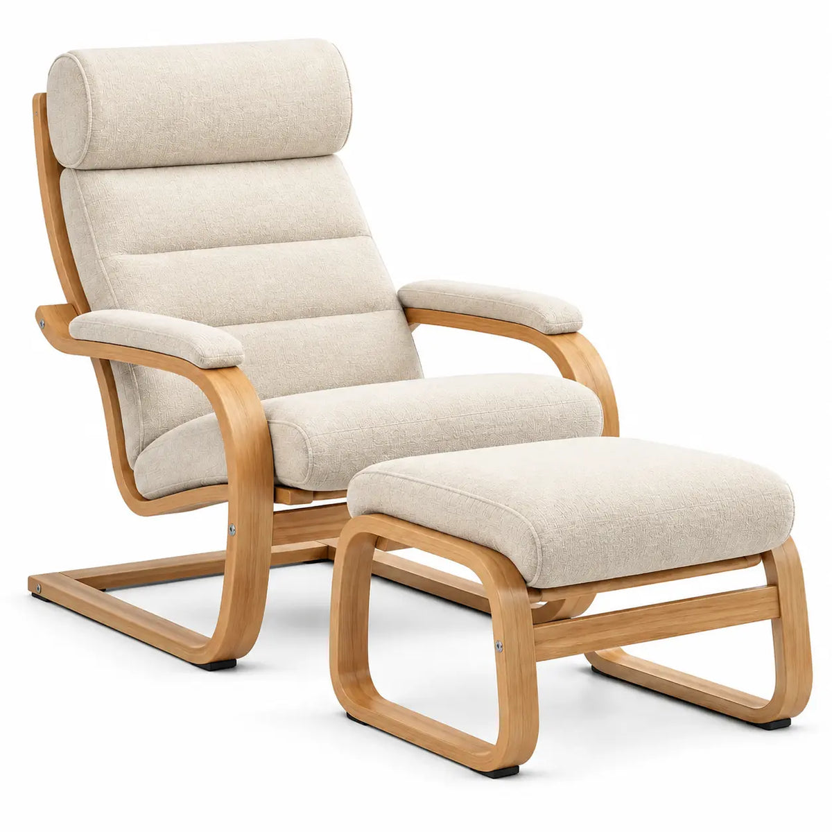Fauteuil beige à haut dossier segmenté et repose-pieds assorti