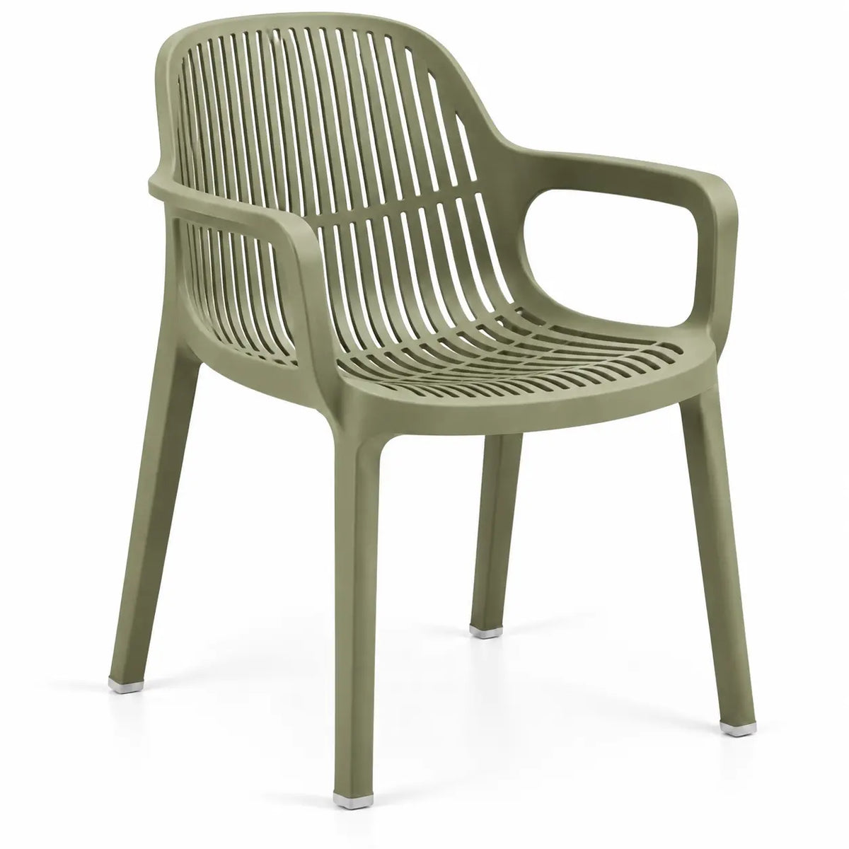 Chaise verte à dossier ajouré vertical et accoudoirs intégrés