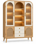 Vitrine beige et crème à niches centrales, portes vitrées et rangements bas