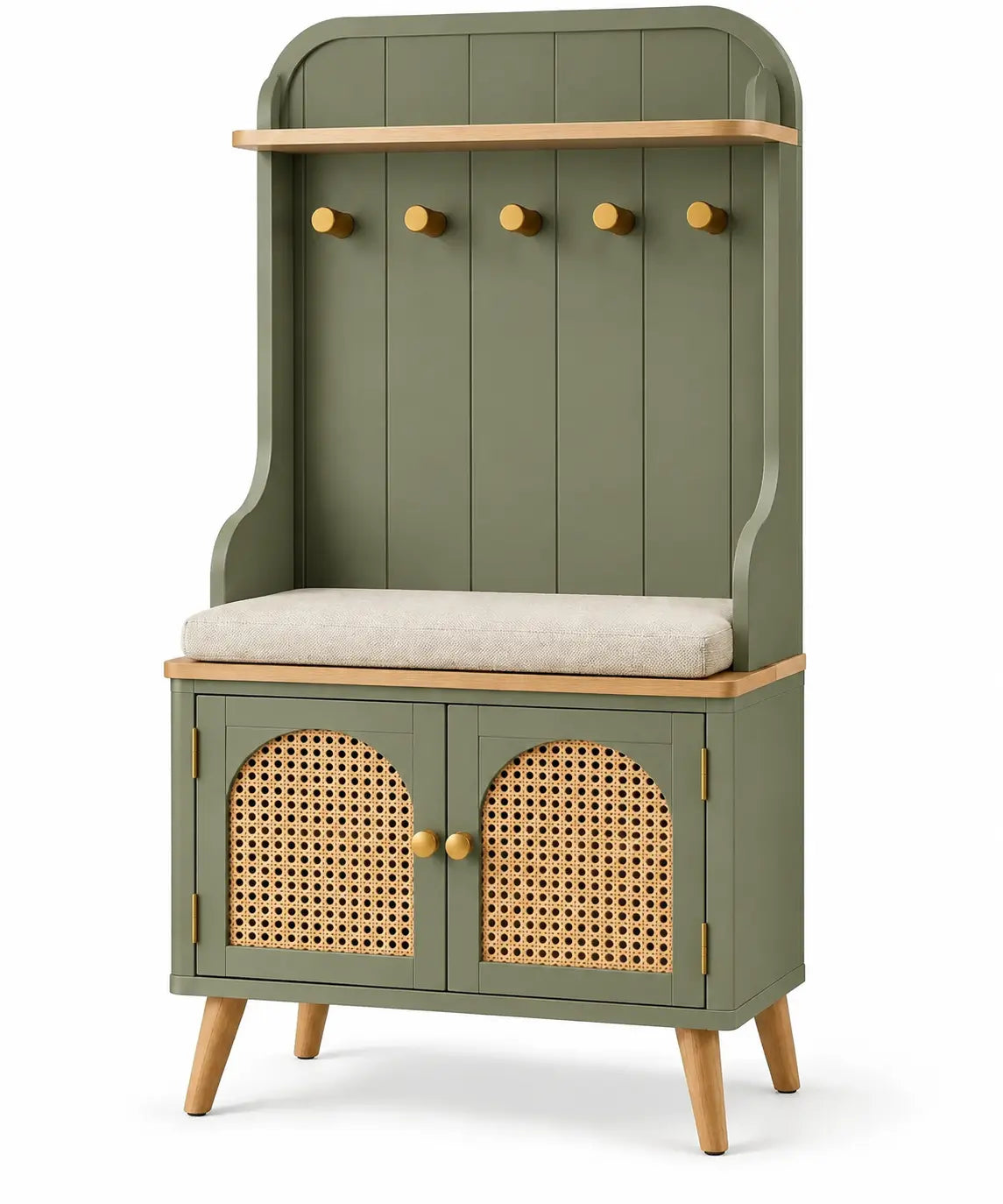 Meuble d'entrée vert avec banc, cinq patères et placard tressé