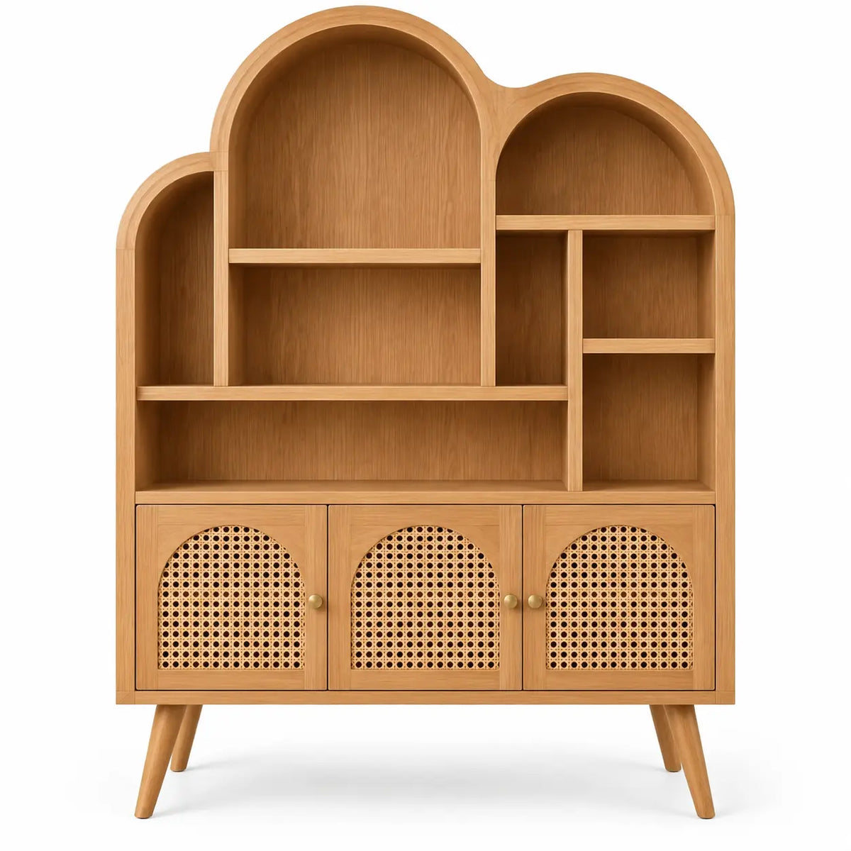 Bibliothèque beige à trois arches décalées et portes basses ajourées